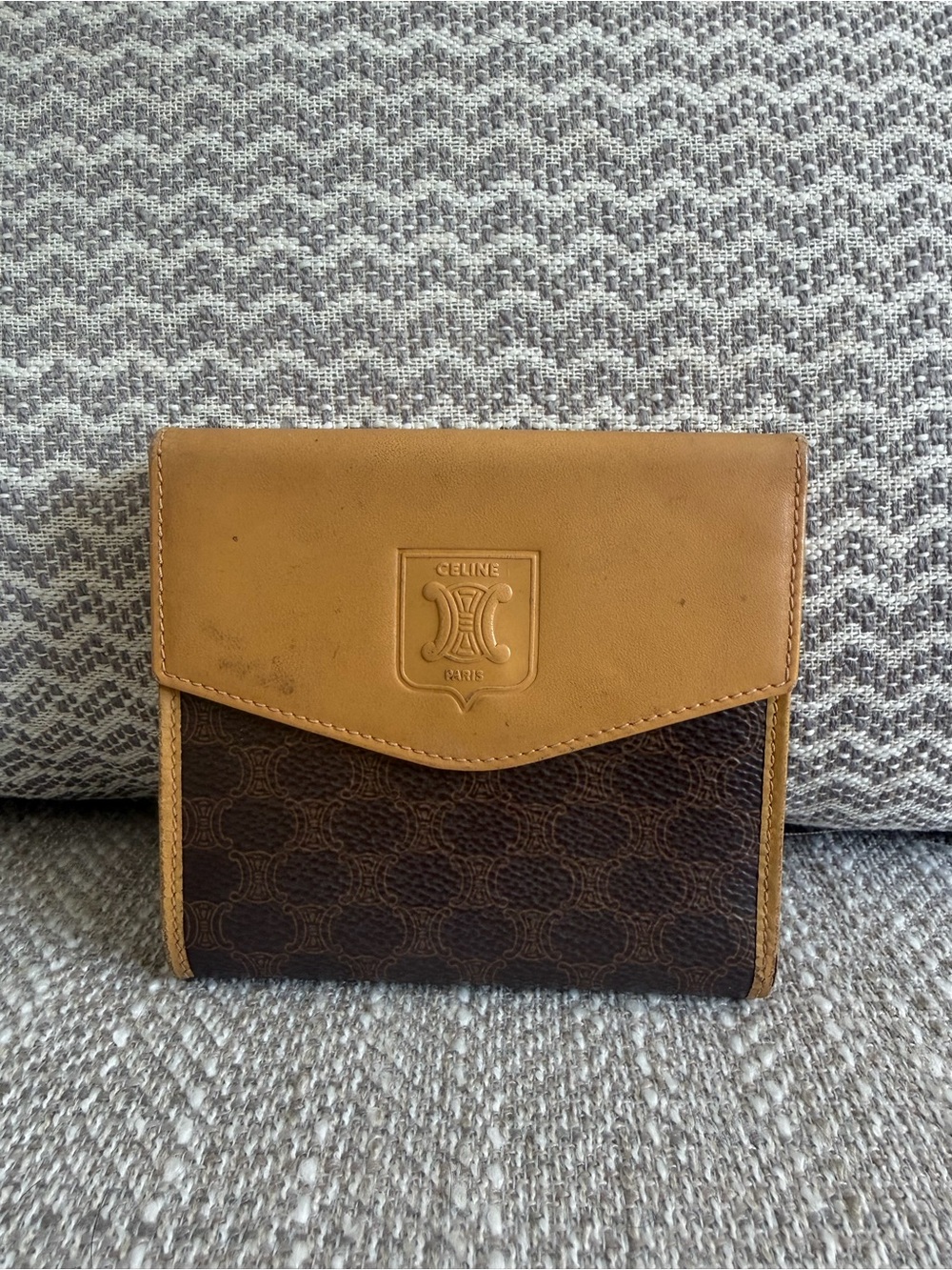 Vintage Celine Macadam Canvas & Tan Leather Bifold Wallet Coin Purse